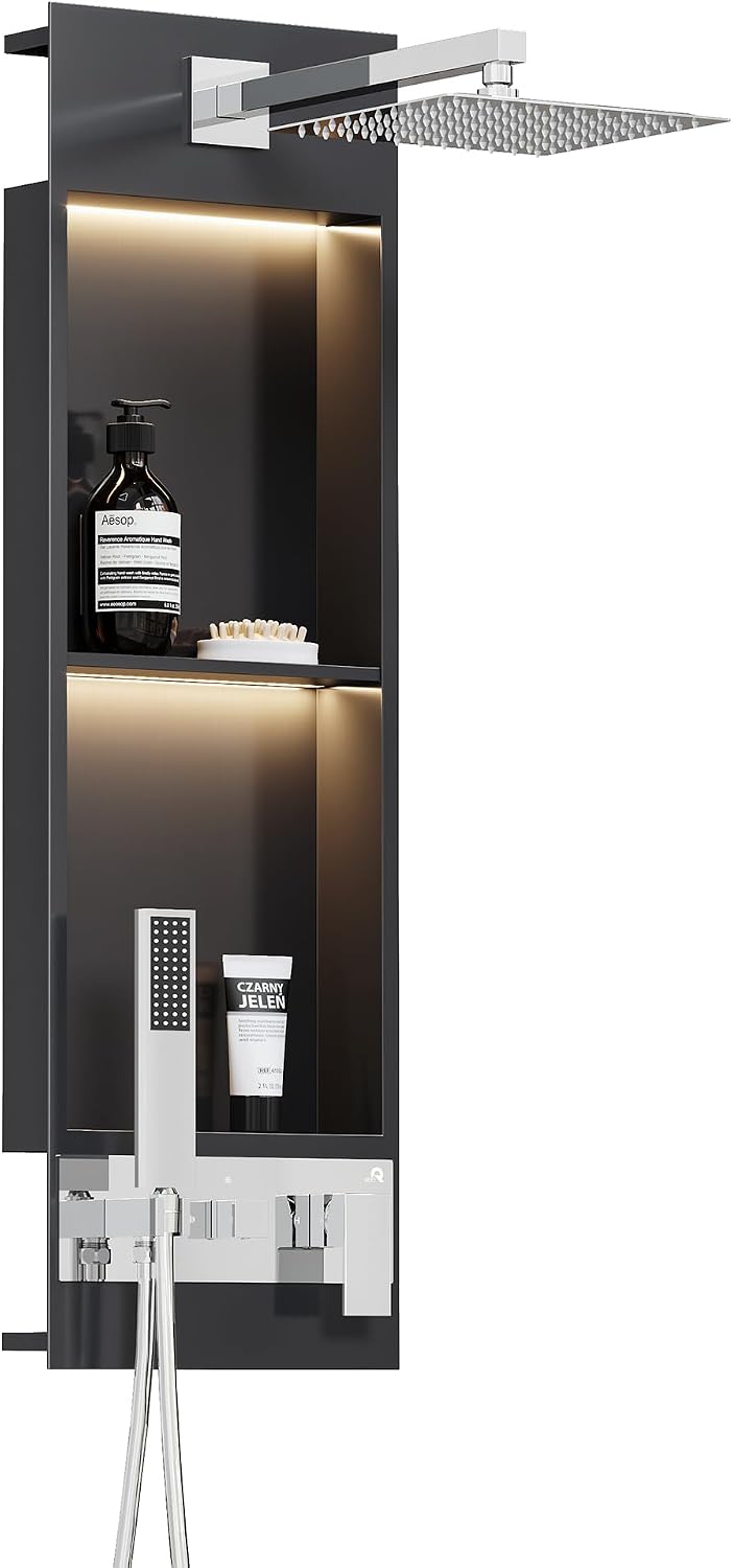 Integrated Shower Niche with Shower Head and Hand Shower, Qeke Stainless Steel Shower Tower System with Led Lights, 2-Tiers No Tile Needed Shower Niche for Bathroom in Gunmetal Black (Brushed Shower)