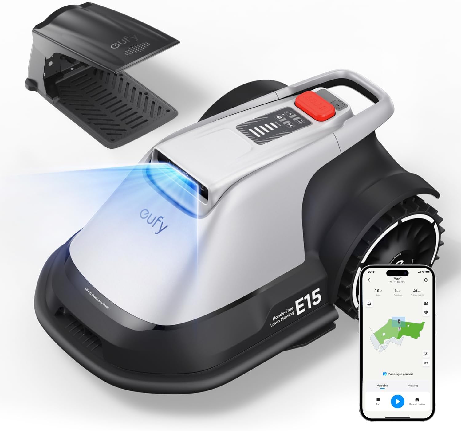 eufy Robot Lawn Mower E15, Auto Mapping,Pure Vision Navigation, Wire Free RTK Free, Multi-Zone Management, AI 3D Obstacle Avoidance, GPS Anti-Theft, 0.2 Acres, 18° Slope, App Control