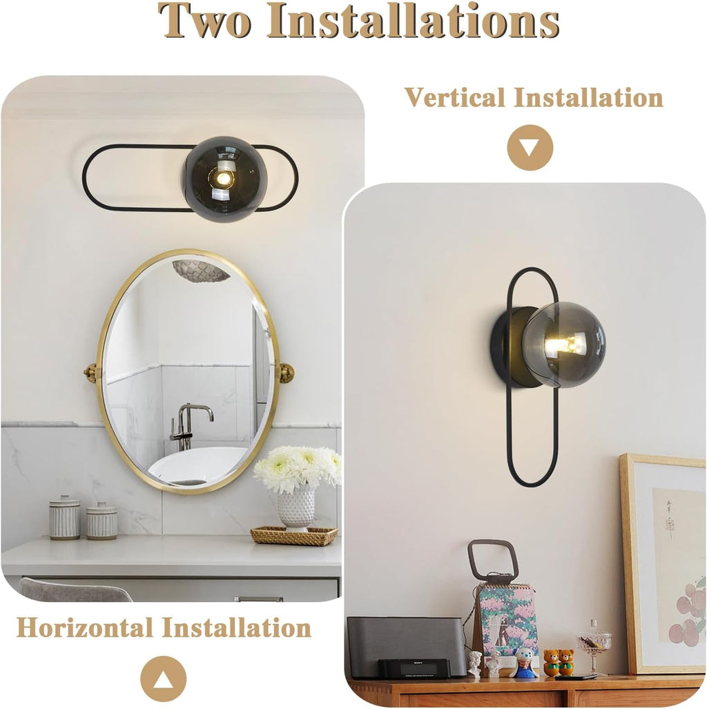 Black Globe Wall Sconce Mid Century Modern Bathroom Vanity Light Fixture Small Black and Glass Wall Mounted Light Vintage Hallway Sconces Wall Lighting (2 Pack)
