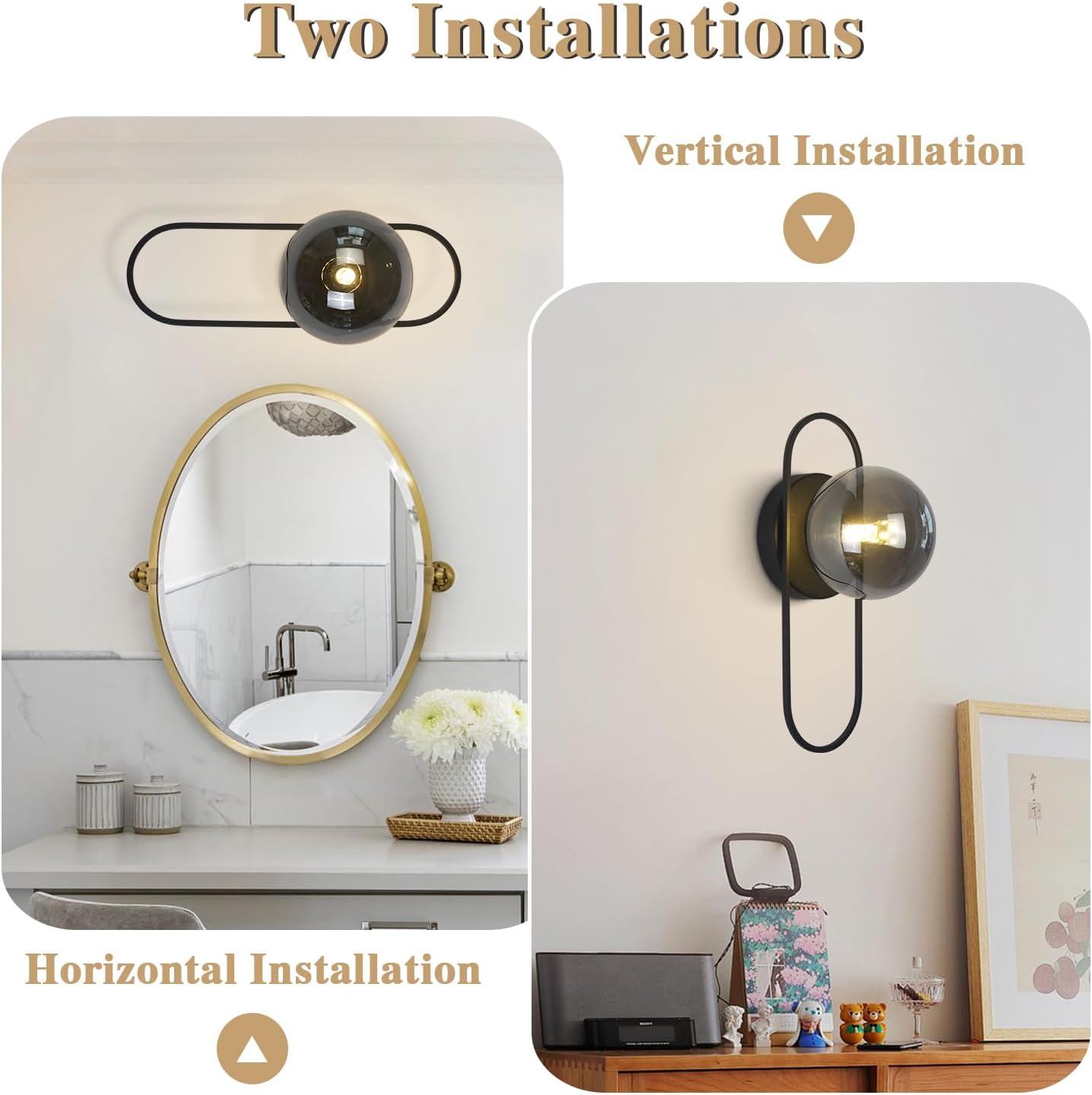 Black Globe Wall Sconce Mid Century Modern Bathroom Vanity Light Fixture Small Black and Glass Wall Mounted Light Vintage Hallway Sconces Wall Lighting (2 Pack)