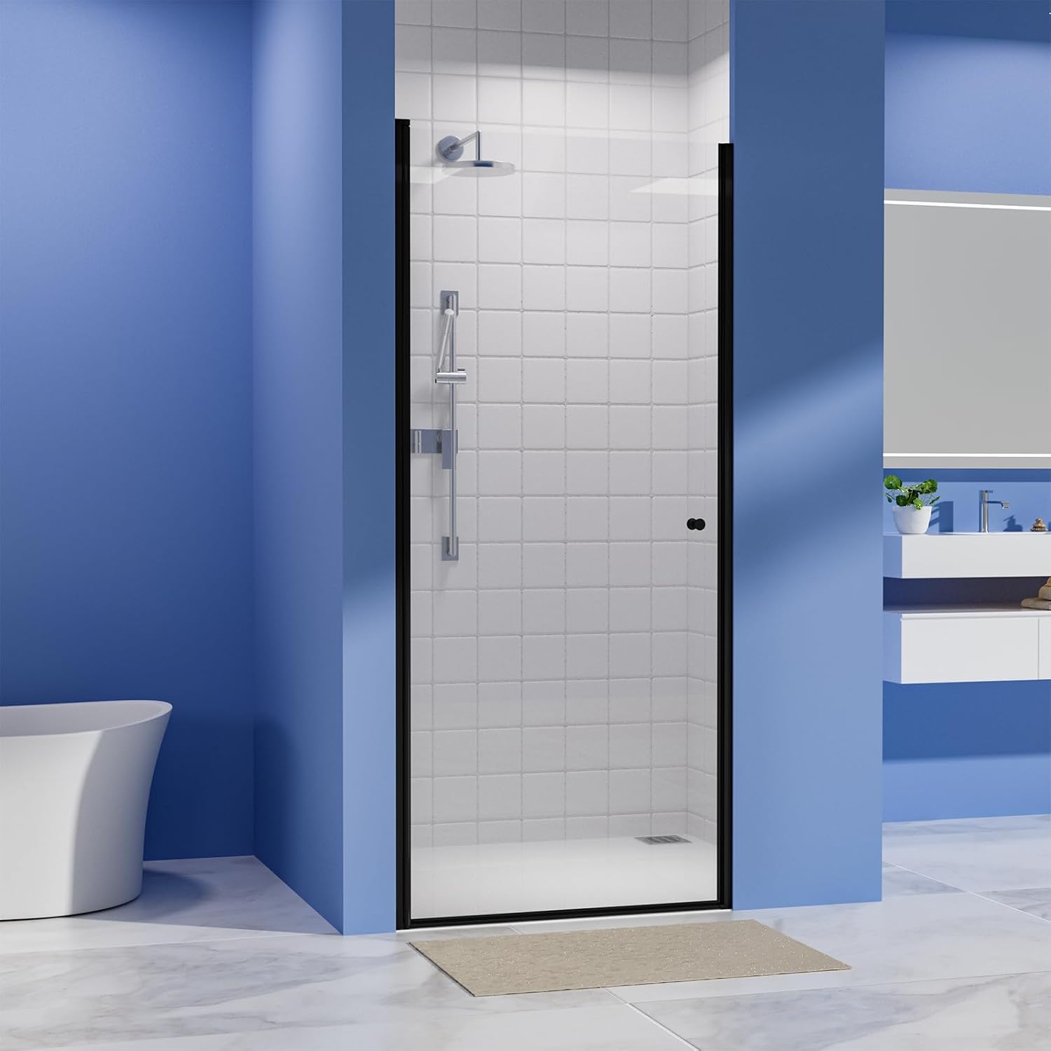 29-30' W x 72' H Semi-Frameless Matte Black Shower Door, ANSI/SGCC Certified 6mm Clear Tempered Glass, Pivot Swing Bathroom Door with Reversible Installation, Waterproof for Small Space