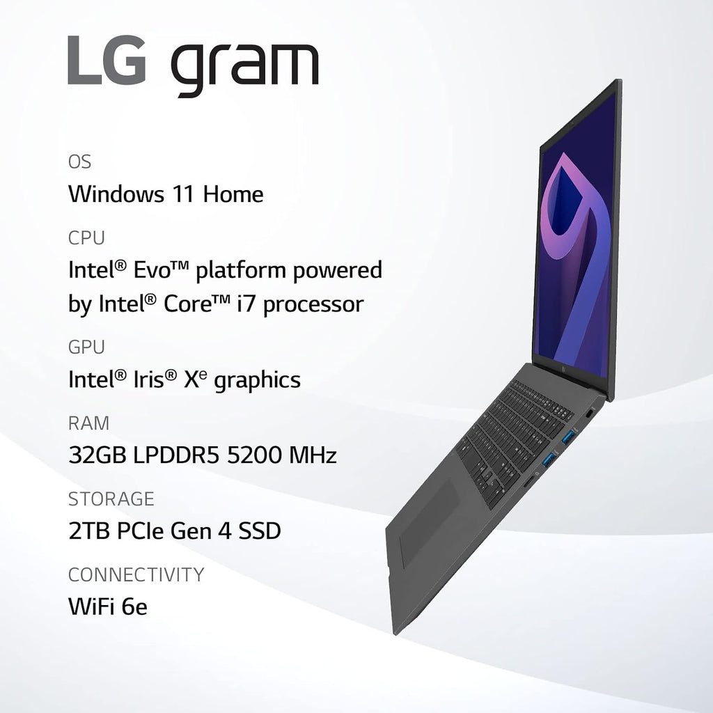LG gram (2022) 17Z90Q Ultra Lightweight Laptop, 17' (2560 x 1600) IPS Display, Intel Evo 12th Gen i7 1260P Processor, 32GB LPDDR5, 2TB NVMe SSD, FHD Webcam, WiFi 6E, Thunderbolt 4, Windows 11, Gray