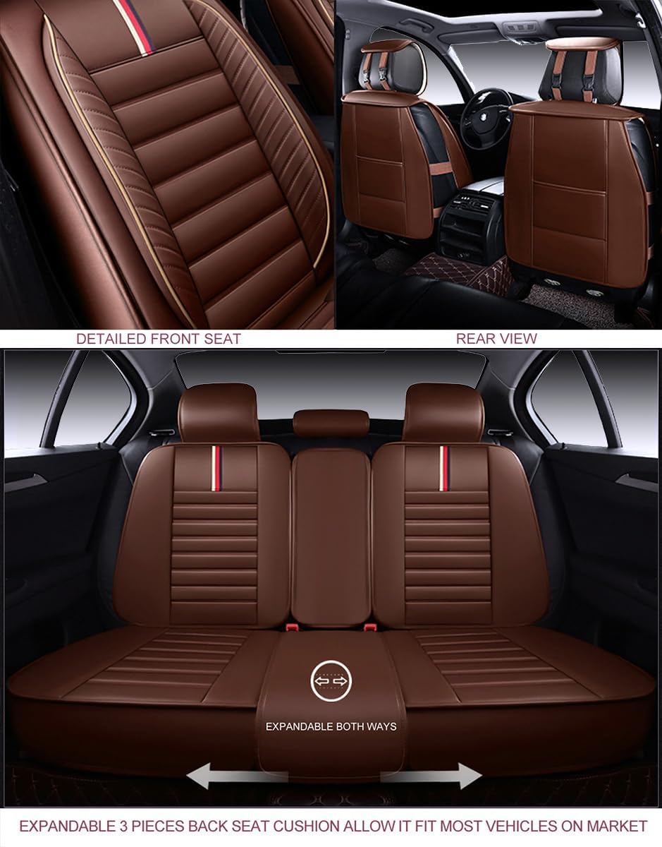 OASIS AUTO Car Seat Covers Full Set Premium Waterproof Faux Leather Cushion Universal Accessories Fit SUV Truck Sedan Automotive Vehicle Auto Interior Protector (OS-001 Brown)