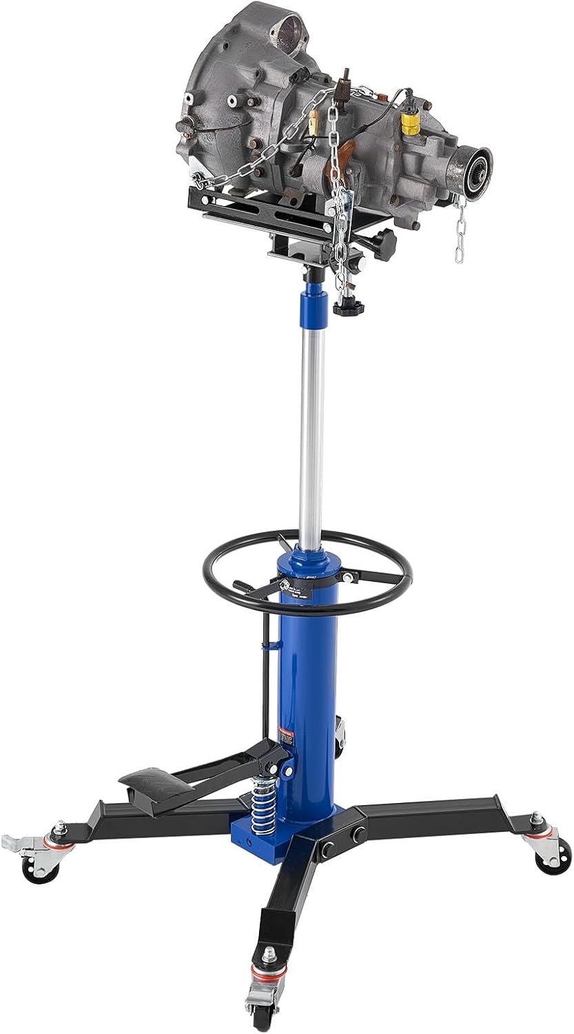 VEVOR Hydraulic Transmission Jack, 1660 lbs Capacity Hydraulic Telescopic Transmission Jack, 34.6-69.3 in High Lifting Height, 2-Stage Floor Jack Stand with Foot Pedal, 360° Swivel Wheel, Blue