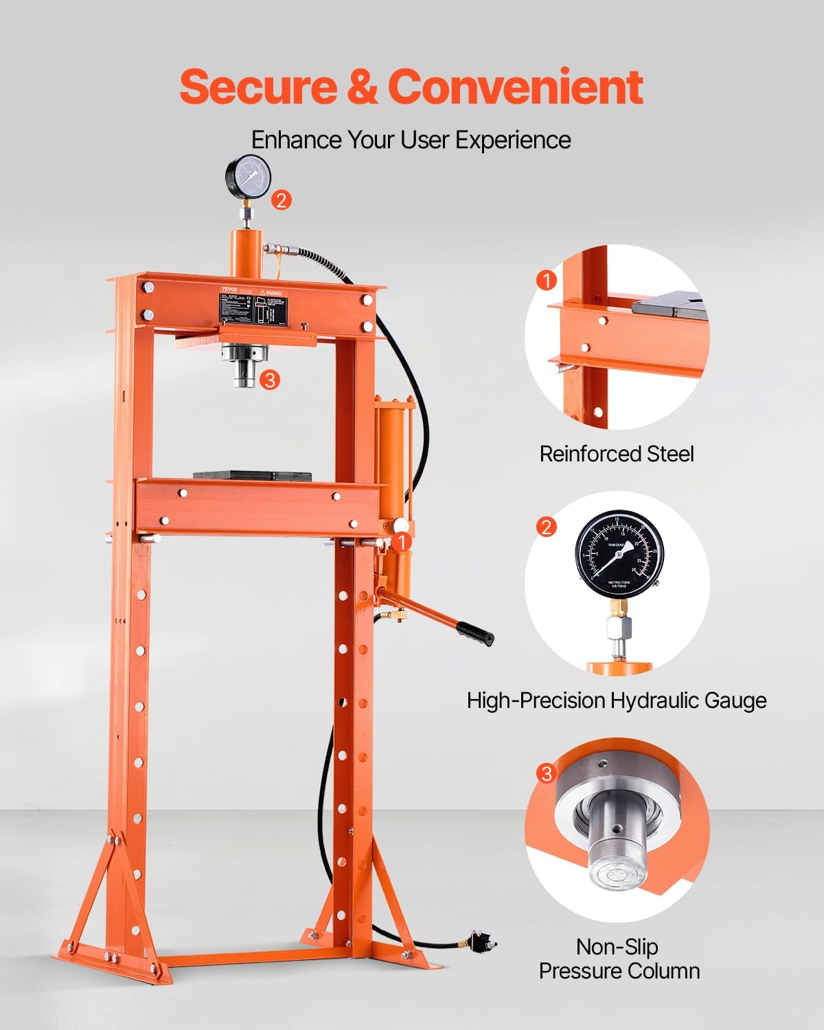 VEVOR Hydraulic Shop Press, 20 T H-Frame Pneumatic Shop Press with Press Plate, Stable Garage Floor Adjustable Hydraulic Press with Triangular Support, Fit for Bending, Straightening & Stamping