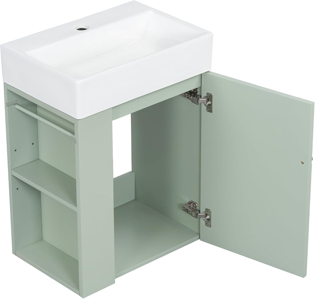 20-inch Bathroom Vanity with Sink Combo, Wall-Mounted Single Storage Cabinet with One Cabinet & Left 2-Tier Storage Shelves, Wooden Vanity with Ceramic Basin for Bathroom, Green
