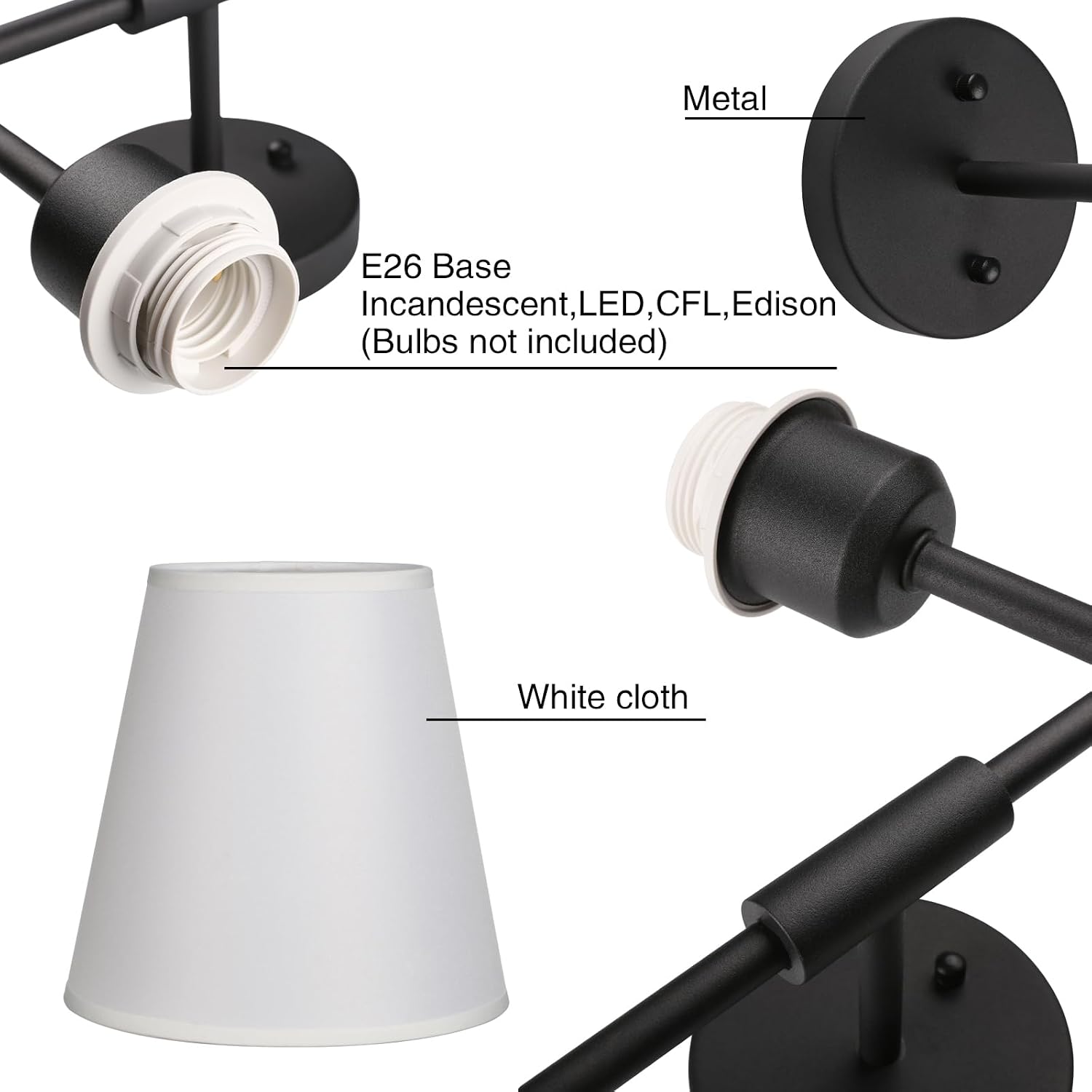 PERMO Classic Rustic Double Sconce 2-Lights Wall Sconce Lighting Fixture with Flared White Textile Lamp Shade and and Black Finished Long Arm,Wall Sconce Light Fixture for Bathroom Bedroom Bedside