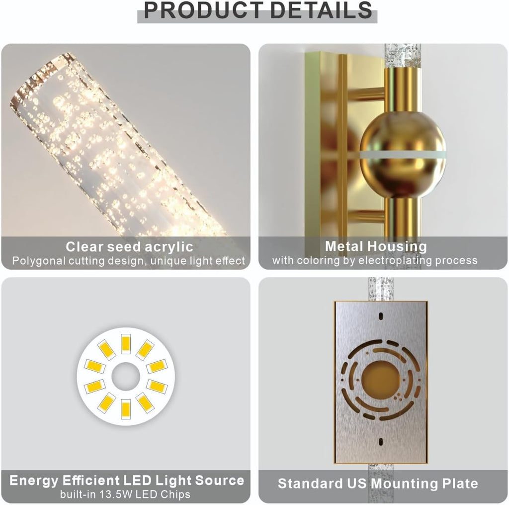 Modern Brass Wall Sconce Indoor, LED Wall Light Fixtures Set of 2 | 13W Dimmable Brightness, 17.7' Bathroom Vanity Light, Bedroom Hallway Use, Hardwired Wall Mount Lighting, 3000K Warm White