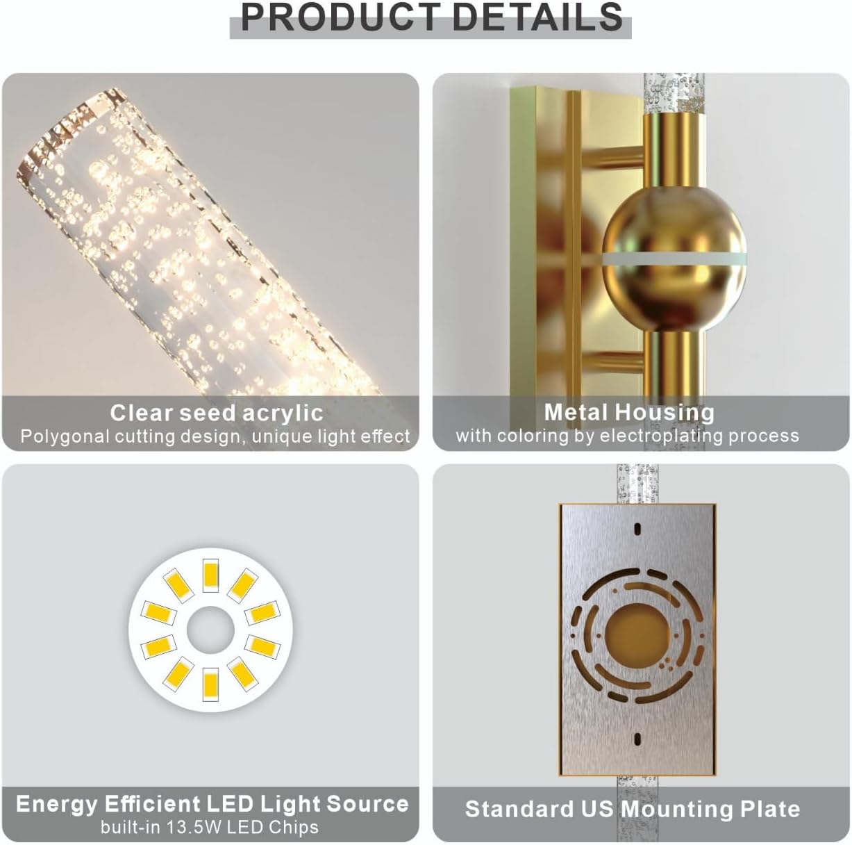 Modern Brass Wall Sconce Indoor, LED Wall Light Fixtures Set of 2 | 13W Dimmable Brightness, 17.7' Bathroom Vanity Light, Bedroom Hallway Use, Hardwired Wall Mount Lighting, 3000K Warm White