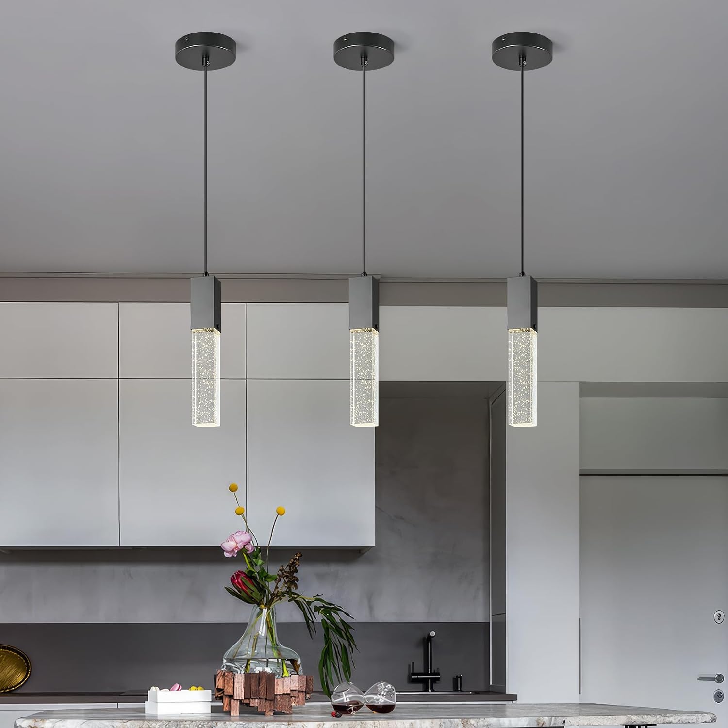 Modern Crystal Pendant Lights - Dimmable LED 4500K Black Hanging Light Fixture for Kitchen Island & Bedroom, Mini Bubble Design, 3 Pack