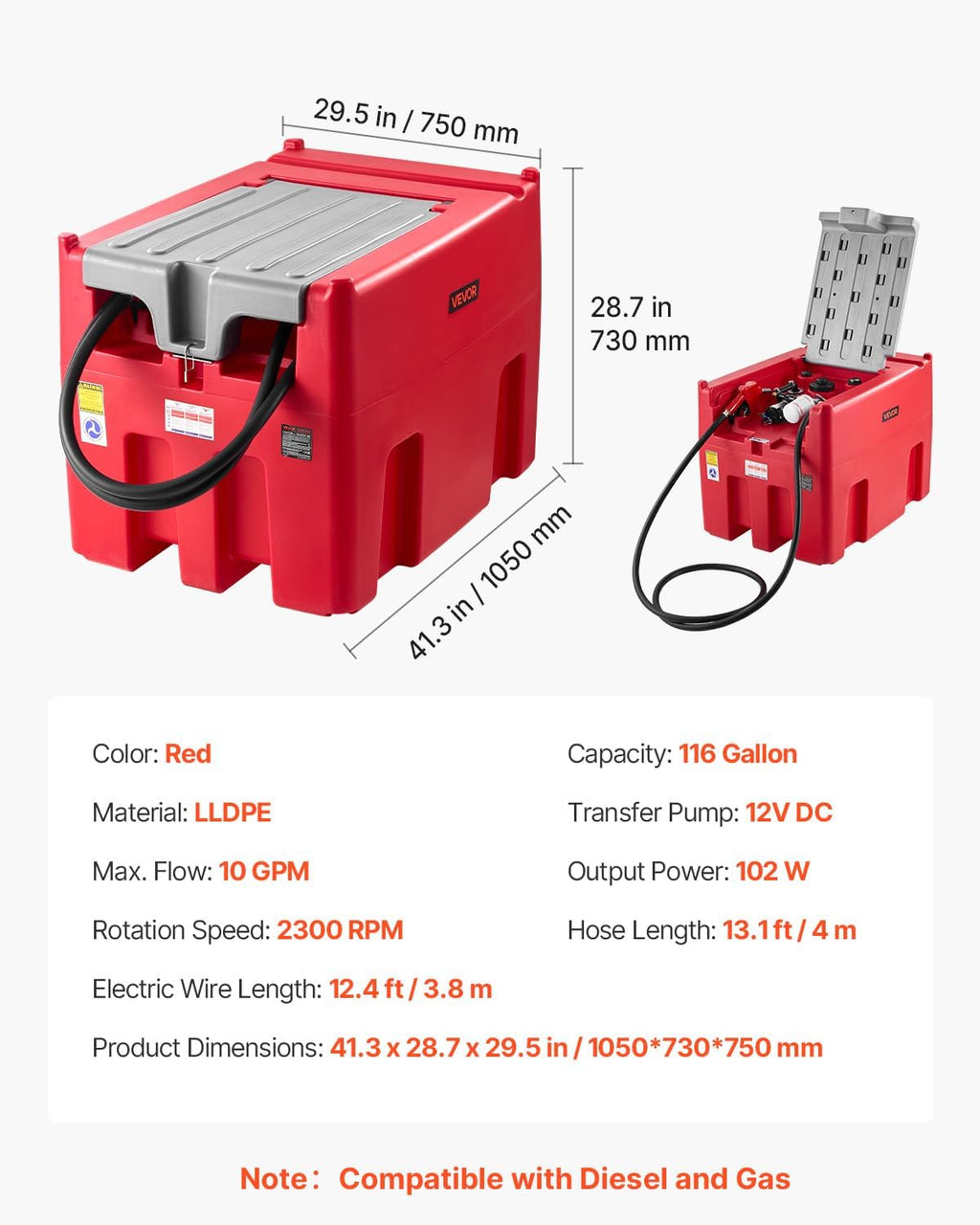 VEVOR Portable Diesel & Gasoline Tank, 116 Gallon, 10 GPM Flow Rate, Gasoline Fuel Tank with 12V Electric Transfering Pump, 13.1ft Hose, Auto Fueling Nozzle, Transfer Tank for Easy Transportation, Red