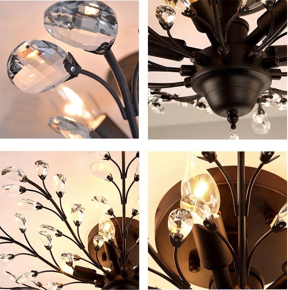 Chandeliers, V-intage Crystal Branches Chandelier Wrought Iron Ceiling Light Flush Mounted Fixture with 4 Light for Living Room Bathroom Bar Loft Club(Black)