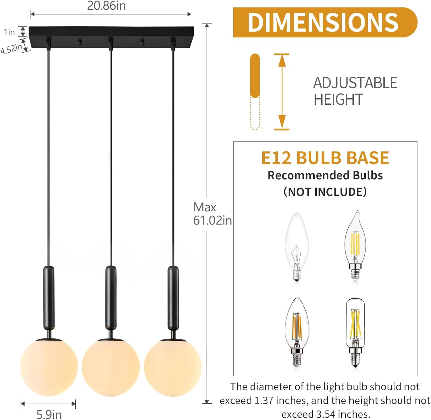 Modern Black Pendant Lights Kitchen Island Mid Century with Globe Pendant Light Milk White Glass Pendant Lighting for Living Room Bedroom Entryway (3 Lights)