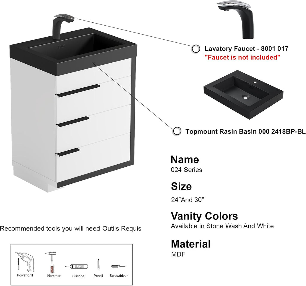 Dowell 24'Single Bathroom Vanity Set- Freestanding Glossy White Vanity with Black Accents,Matte Black Resin Basin,Three Soft-Close Drawers-024 24 21V/2418BPBL