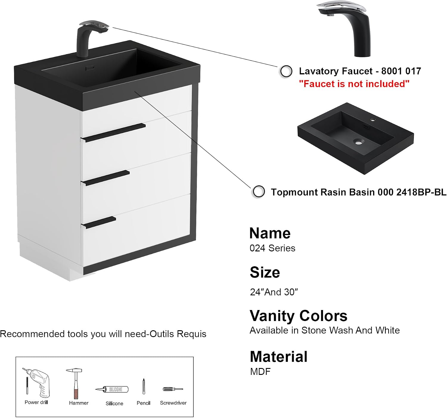Dowell 24'Single Bathroom Vanity Set- Freestanding Glossy White Vanity with Black Accents,Matte Black Resin Basin,Three Soft-Close Drawers-024 24 21V/2418BPBL