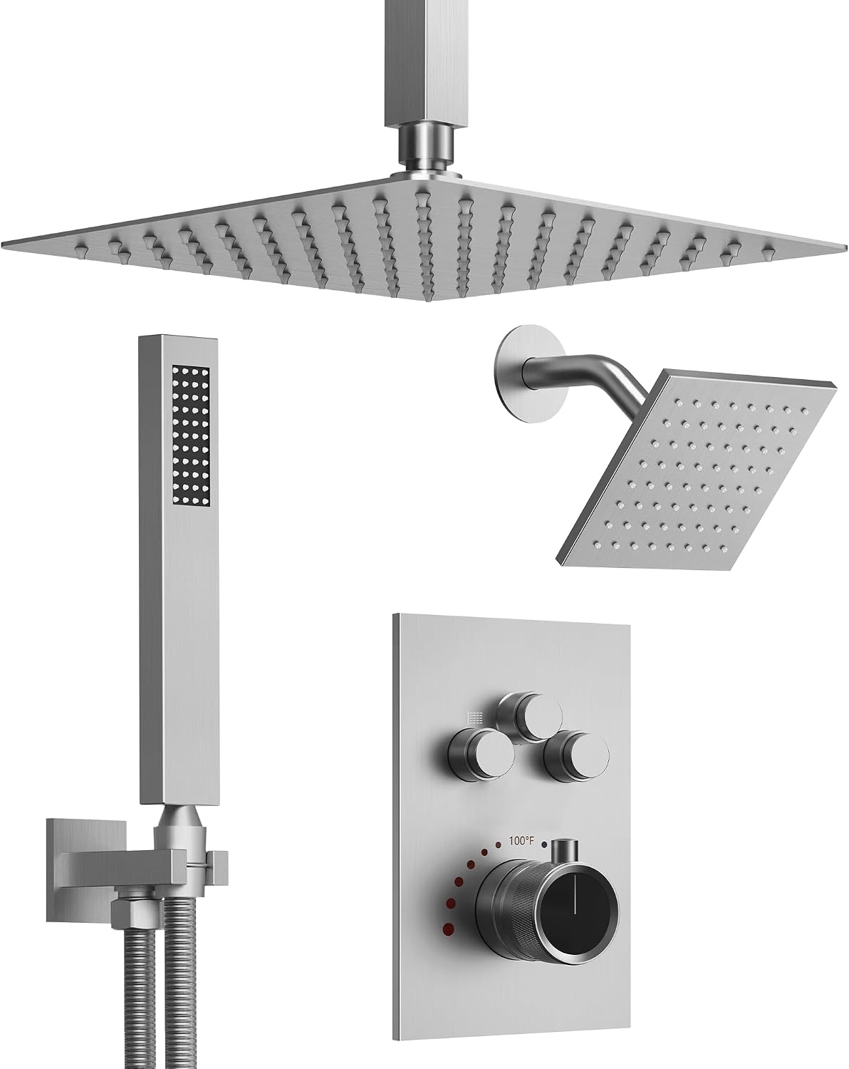 Thermostatic Shower System, 12 Inch Dual Rainfall Shower Heads for Ceilling & Wall Mounted with Handheld Sprayer, Brushed Nickel