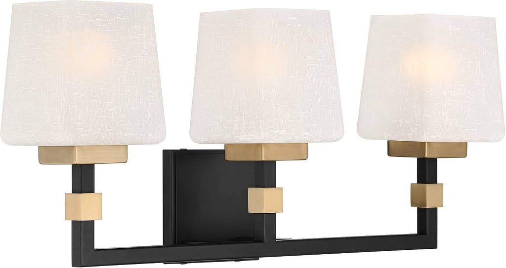 Possini Euro Design Beauregard Modern Industrial Wall Light Black Gold Metal Hardwired 21 3/4' Wide 3-Light Fixture Mounted Square Linen Glass Shade for Bathroom Vanity Mirror House Home Room Decor
