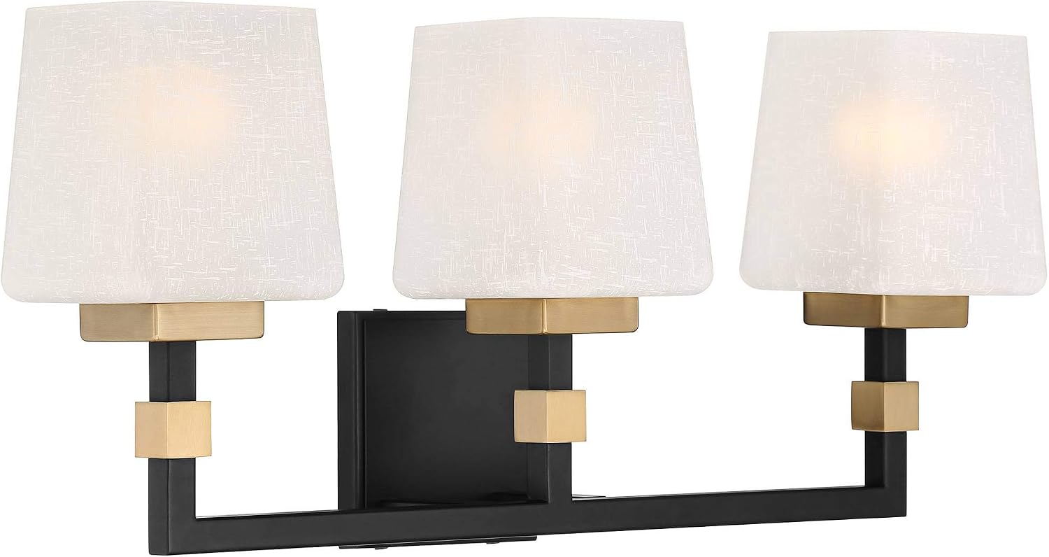 Possini Euro Design Beauregard Modern Industrial Wall Light Black Gold Metal Hardwired 21 3/4' Wide 3-Light Fixture Mounted Square Linen Glass Shade for Bathroom Vanity Mirror House Home Room Decor