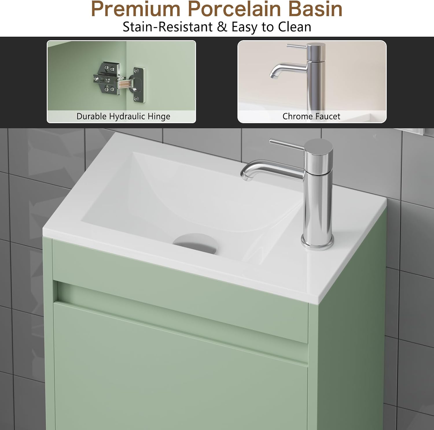 wonline 16' Small Floating Green Bathroom Vanity Sink Combo, Wall Mounted Narrow Single Cabinet with Resin Basin Sink Top, Water Saving Chrome Faucet & Pop-Up Drain