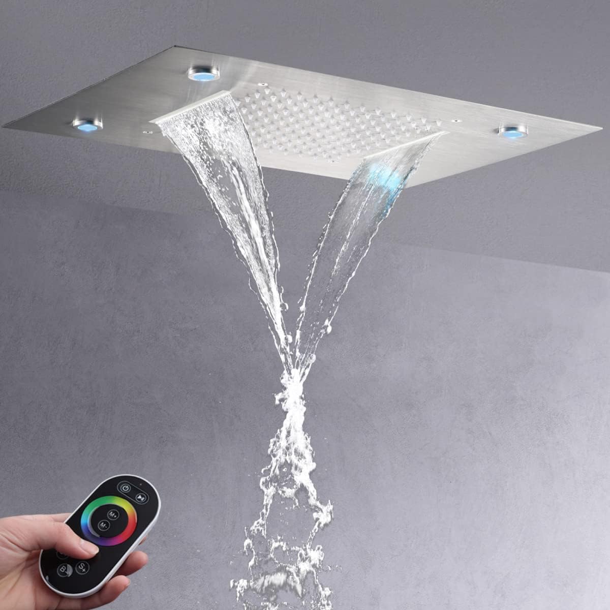 14X20 Inch LED Ceiling Rain Shower Head Rectangle Embedded Type With LED Lights Remote Control (Waterfall And Rain Shower Head, Brushed Nickel)