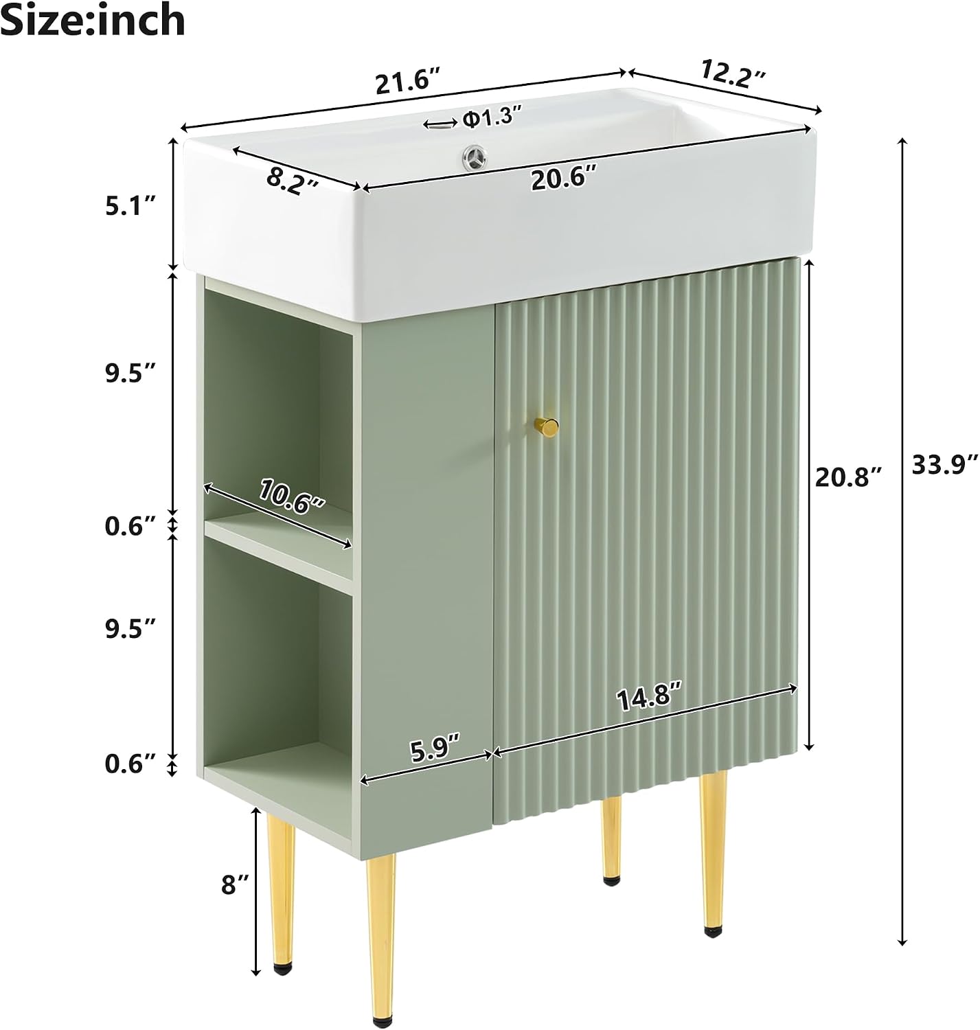 Merax 21.6' Bathroom Vanity, 21.6 Inch Freestanding Bathroom Vanity with Sink, Modern Vanity Floor Standing with 1 Door and White Ceramic Basin Sink Top, Green