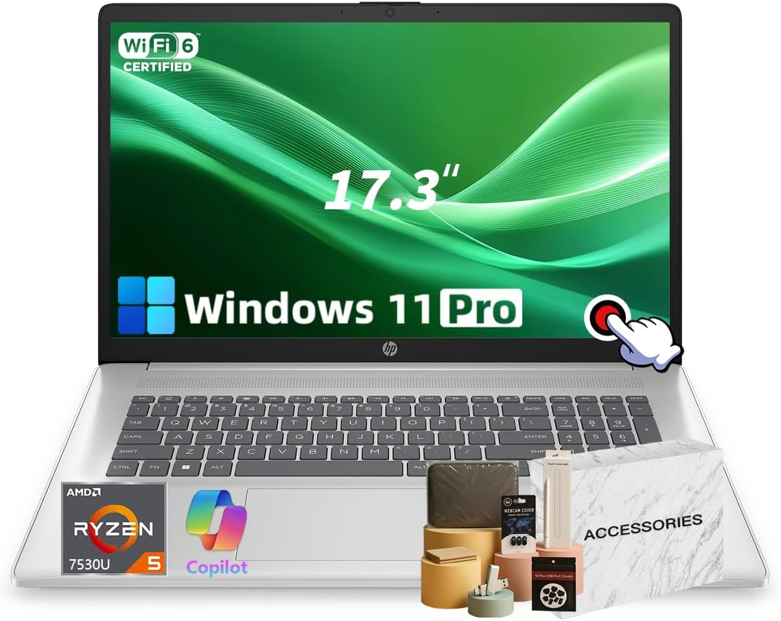 HP 17 Touchscreen Laptop, 17.3' HD+ Anti-Glare Display, AMD Ryzen 5 7530U, AMD Radeon Graphics, 32GB RAM, 1TB, Numeric Keypad, w/Accessories Windows 11 Pro Computer for Business & Students