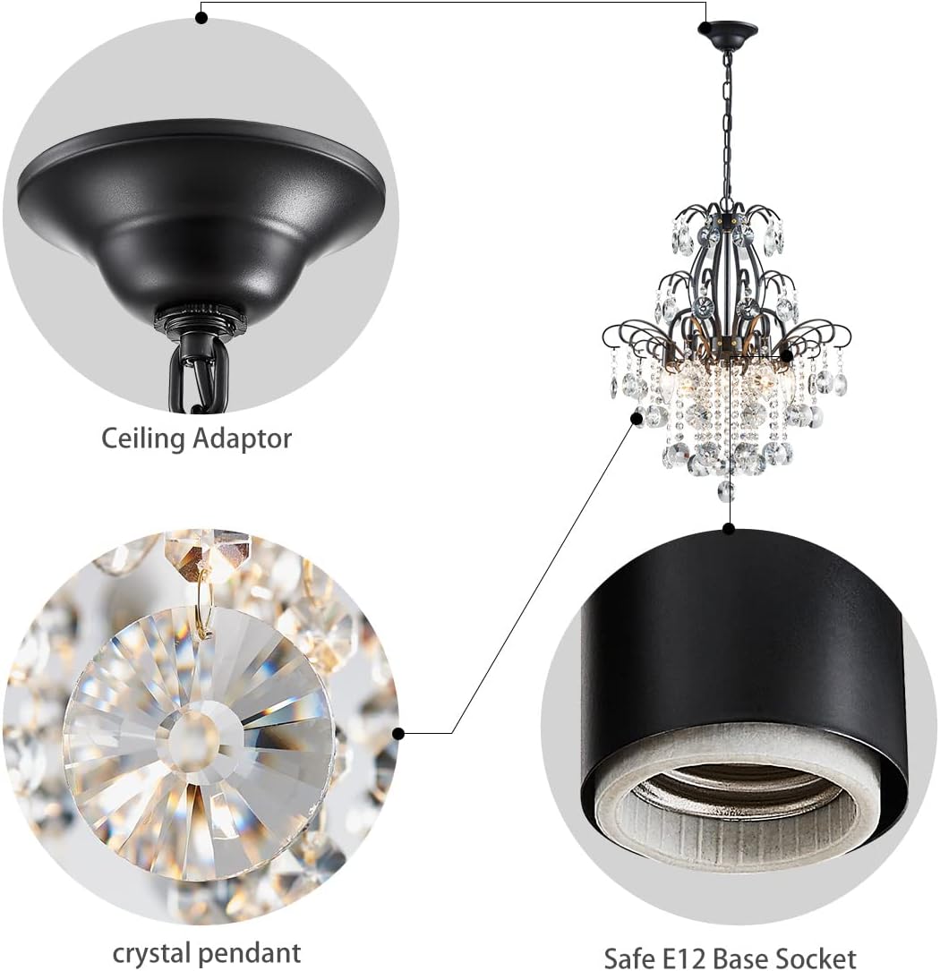 WUZUPS Crystal Chandelier 5-Light Pendant Ceiling Light Modern Lighting Fixture for Bedroom Hallway Bar Kitchen Bathroom, H 22.6'' x W 19.2'', E12 Base, Black