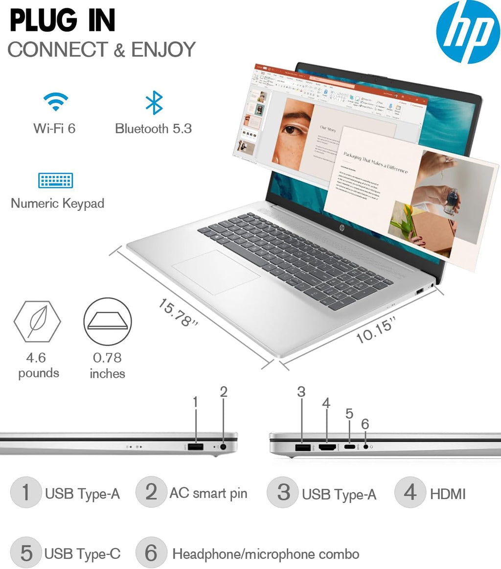 HP 17.3 Inch Laptop Computer, 17 IPS FHD Business Laptop PC, Intel 8-Core i3, 32GB RAM, 1TB SSD, Windows 11 Pro Laptop, USB-C, HDMI, Full-Size Keyboard, Camera