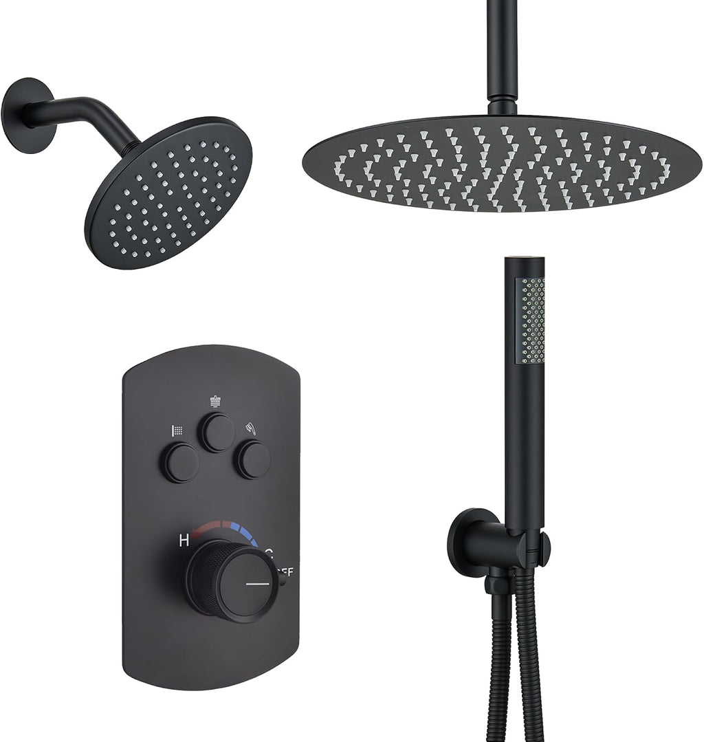 MONDAWE 12 Inch Ceiling Mounted Black Shower System, Dual Rainfall Shower Head & High Pressure Handheld Spray Combo, 3-Function Luxury Shower Faucet Set for Bathroom, All Functions Work Simultaneously