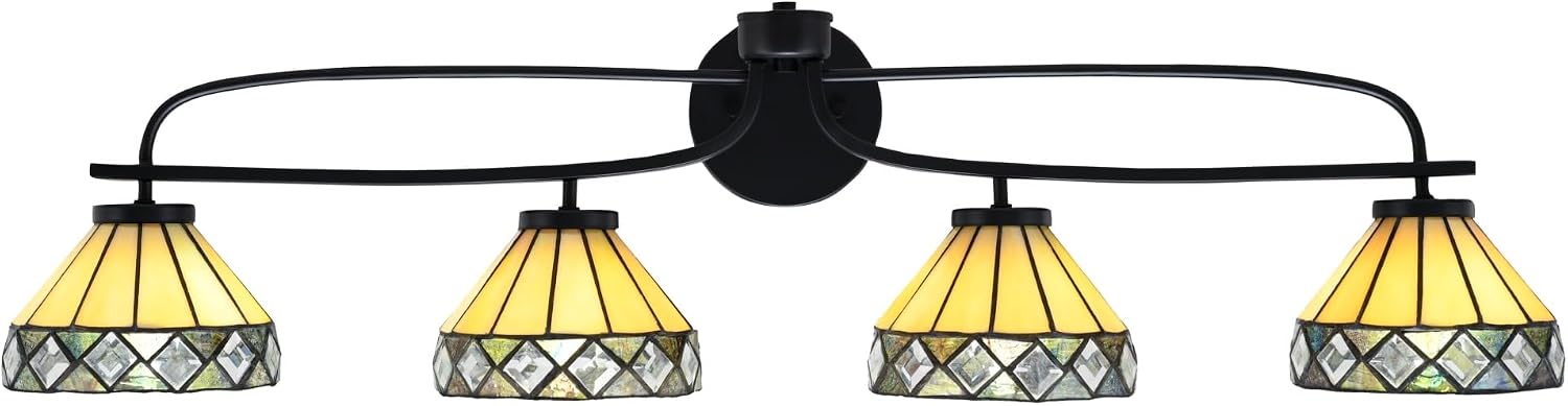 Toltec Lighting Cavella 4-Light Bath Bar – Modern Vanity Light Fixture for Bathroom – Dimmable and LED-Compatible Wall Light – Matte Black Finish, 7' Diamond Peak Art Glass