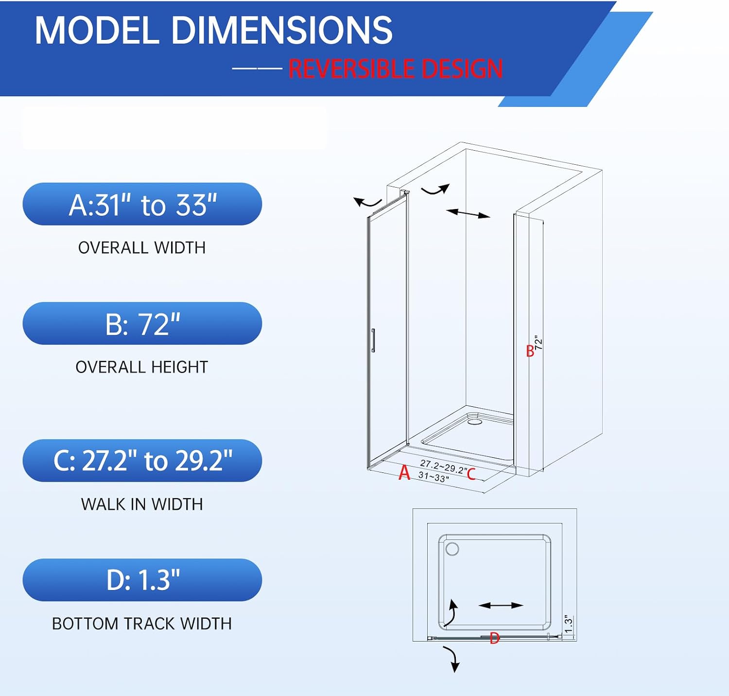 31-33' W x 72' H Slide-to-Overlap Pivot Shower Door, 180° Rotating Swing Shower Glass Door, SGCC Tempered Clear Glass,Matte Black