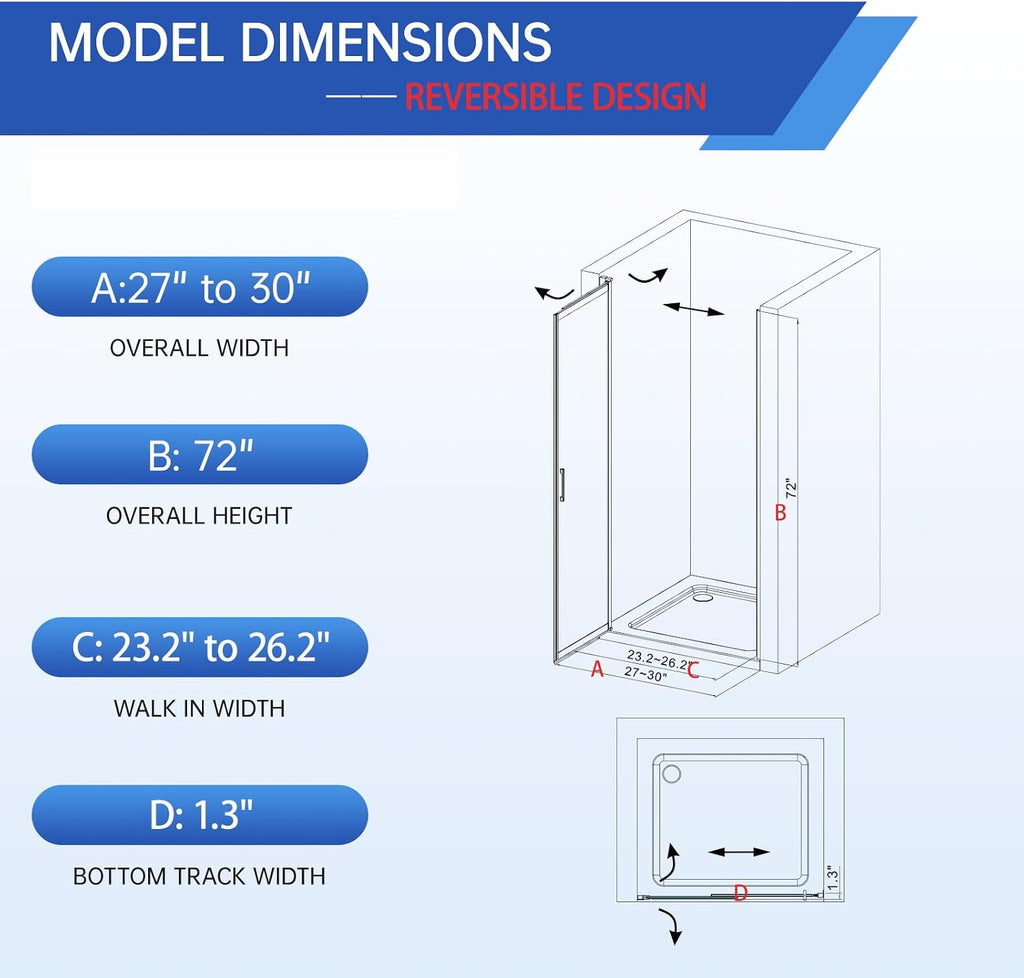 27-30' W x 72' H Pivot Swing Glass Shower Doors, 180° Rotating Retractable Bathroom Shower Door, Frameless Sliding Extended Bypass Shower Door with 3/16'(5mm) Clear SGCC Tempered Glass Matte Black