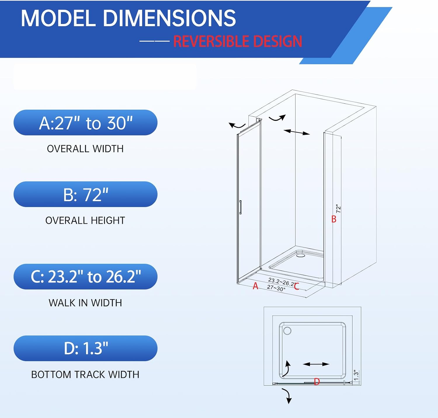 27-30' W x 72' H Pivot Swing Glass Shower Doors, 180° Rotating Retractable Bathroom Shower Door, Frameless Sliding Extended Bypass Shower Door with 3/16'(5mm) Clear SGCC Tempered Glass Matte Black