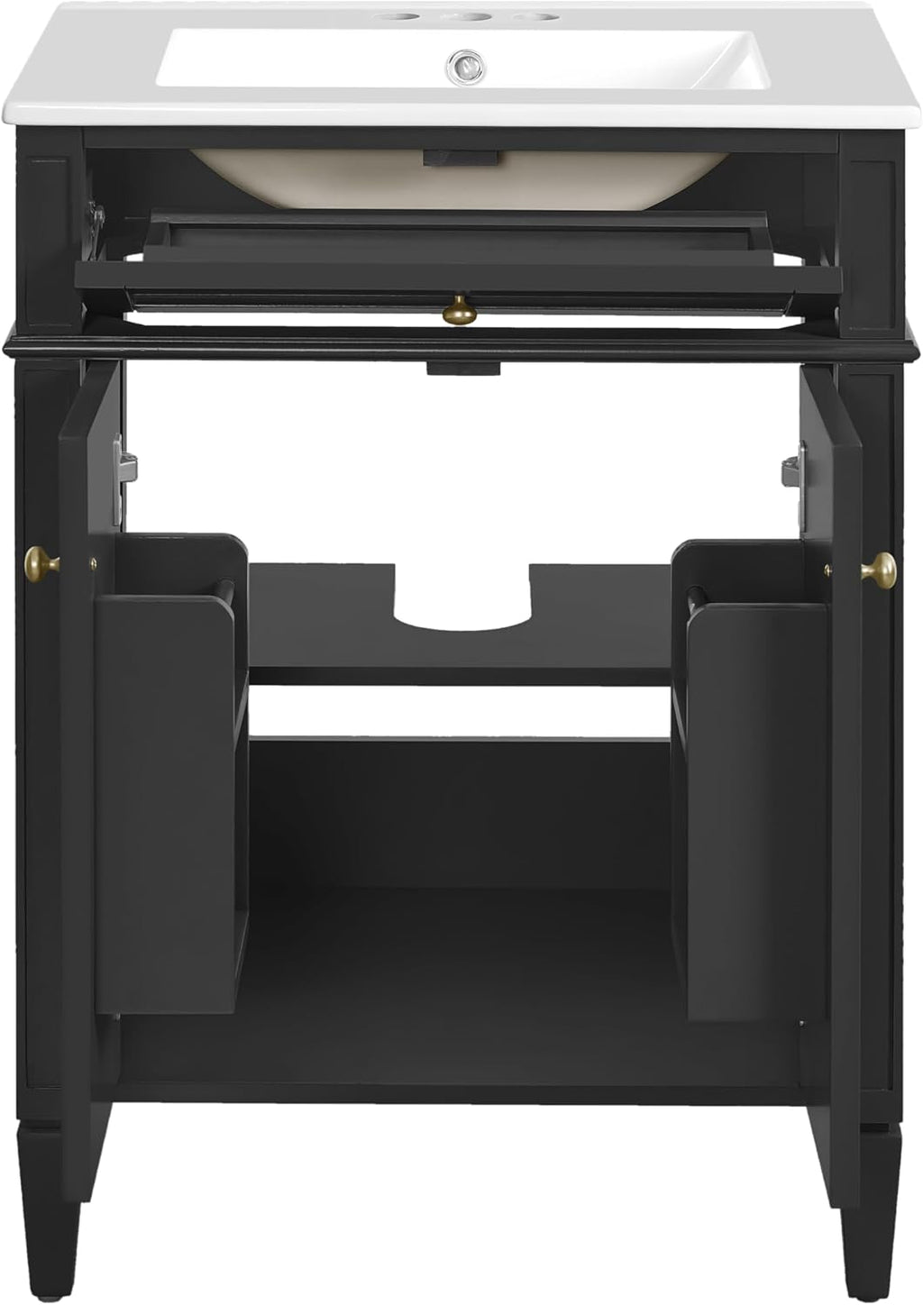 24-inch Bathroom Vanity with Sink Combo, Free-Standing Single Storage Cabinet with Tilt-Out Drawer, 2 Doors, Adjustable Shelf & Storage Rack, Vanity with Ceramic Basin for Bathroom (Black)