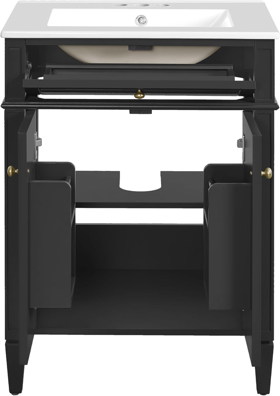 24-inch Bathroom Vanity with Sink Combo, Free-Standing Single Storage Cabinet with Tilt-Out Drawer, 2 Doors, Adjustable Shelf & Storage Rack, Vanity with Ceramic Basin for Bathroom (Black)