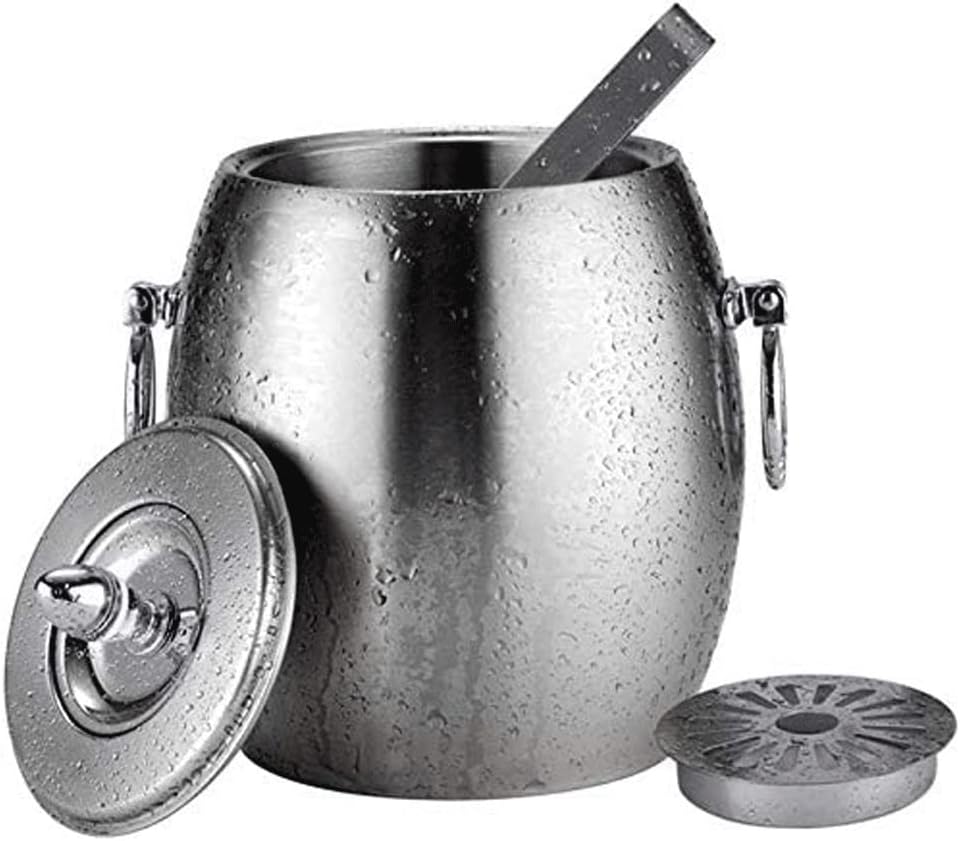 Stainless Steel Ice Bucket,Double Wall Ice Bucket with Lid Strainer and Tongs, Great for Cocktail Bar and Parties Freezer, Chilling Champagne Wine and Beer (Size : 2L) ()