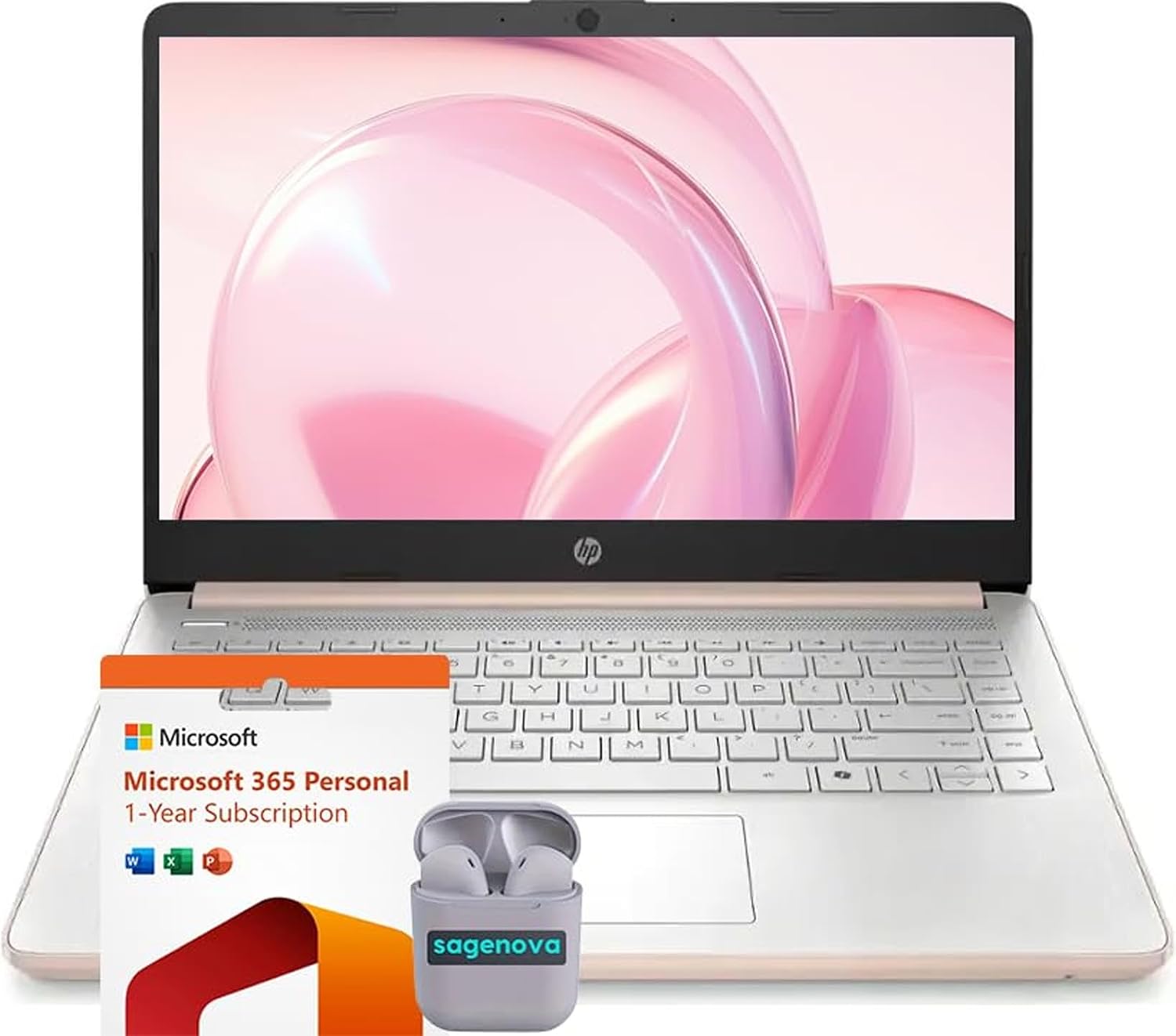 HP 14' HD Business & Student Laptop Computer, 8GB RAM 384GB Storage (128GB UFS + 256GB SD Card), Windows 11 S with 1-Year Microsoft Office 365, Intel N150, SageNova Earphones, Pale Rose Gold