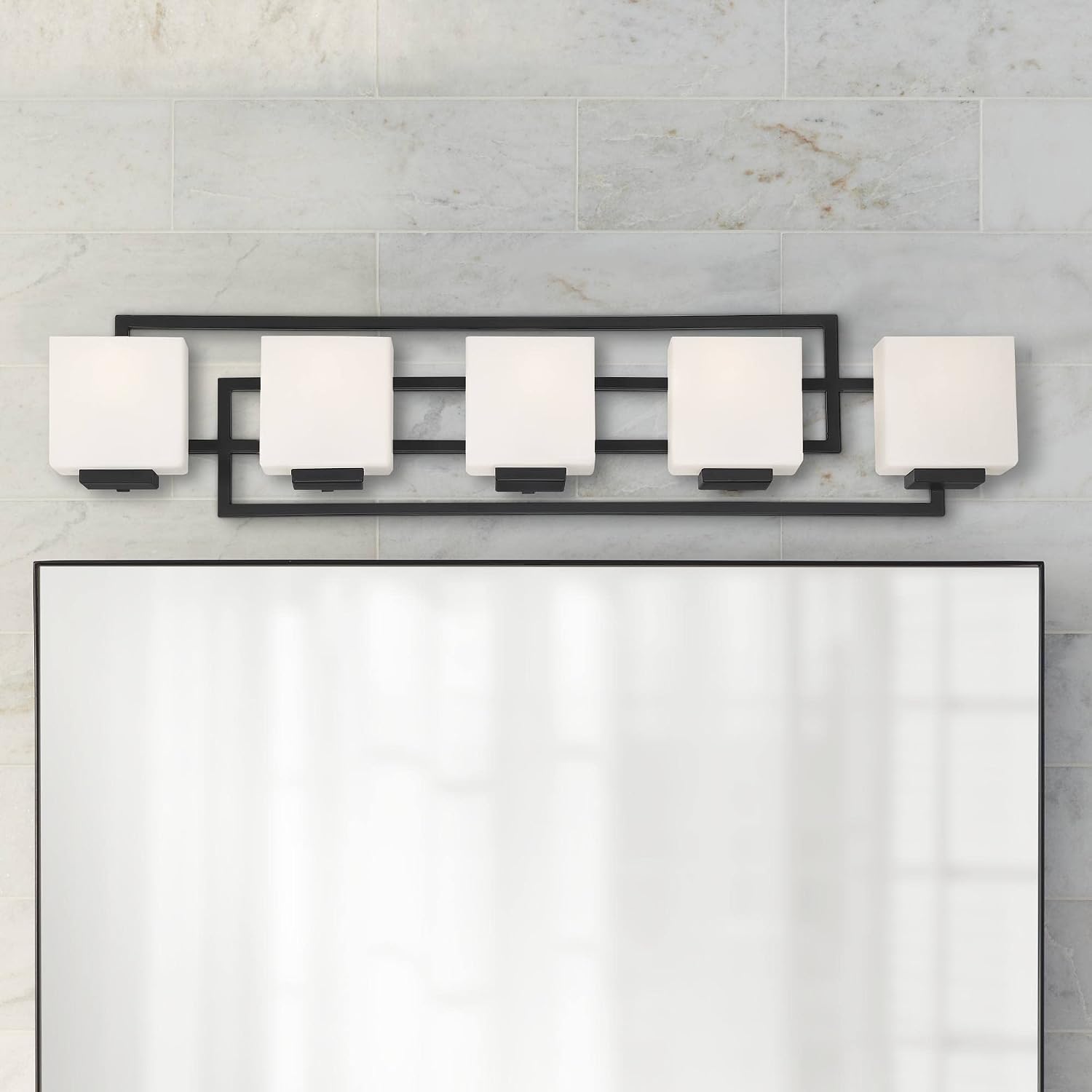Possini Euro Design Lighting on the Square Modern Wall Mount Light Matte Black Aluminum Hardwired 37' 5-Light Fixture Opal Glass Shade for Bathroom Vanity Mirror House Living Room Home Hallway