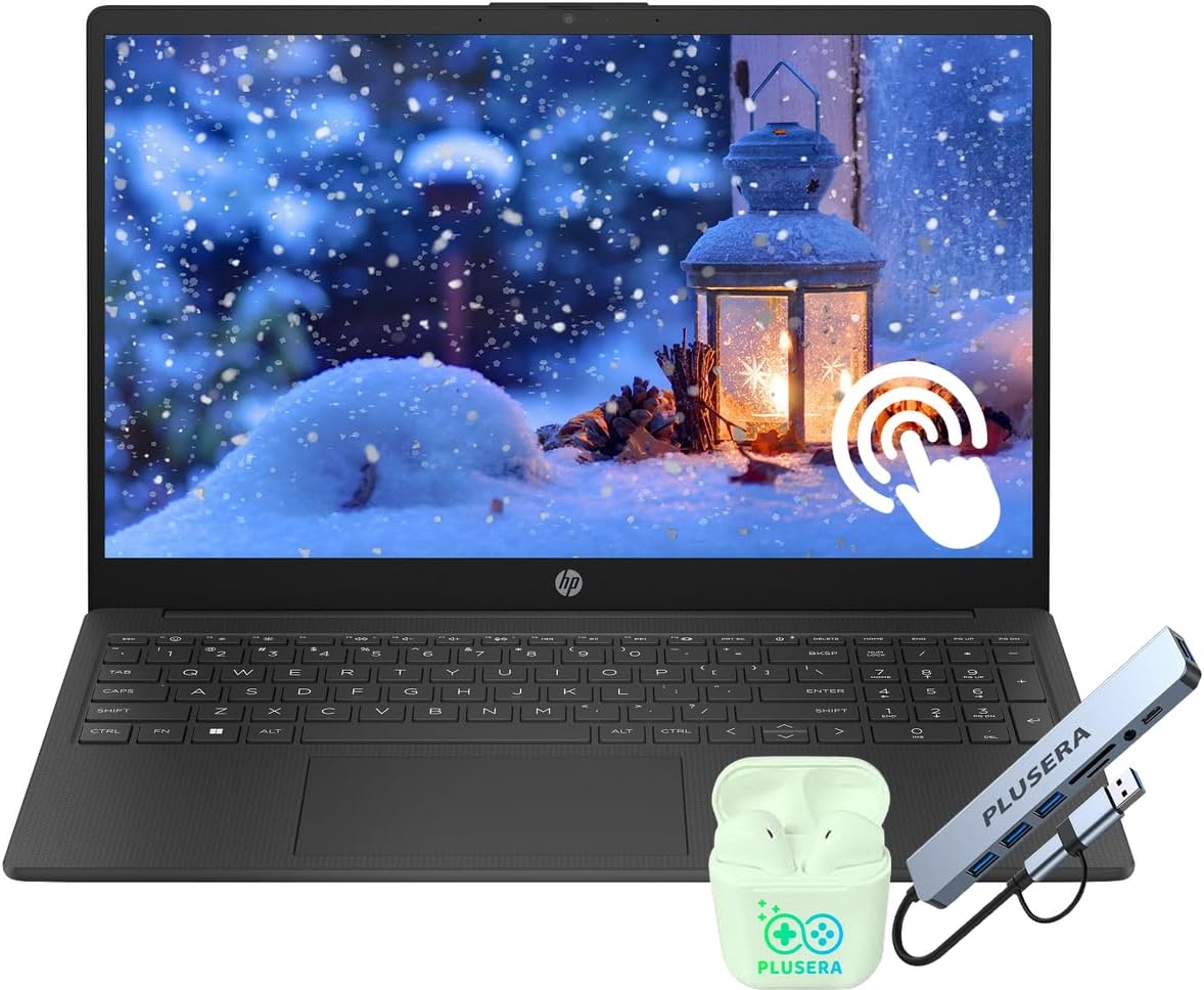 HP 15.6' FHD Touchscreen Laptop Computer, 16GB RAM 256GB SSD, 8-Core AMD Ryzen 7, Windows 11, Copilot AI-Ready, WiFi-6, PLUSERA Earphones & 8-in-1 Hub Included, Black