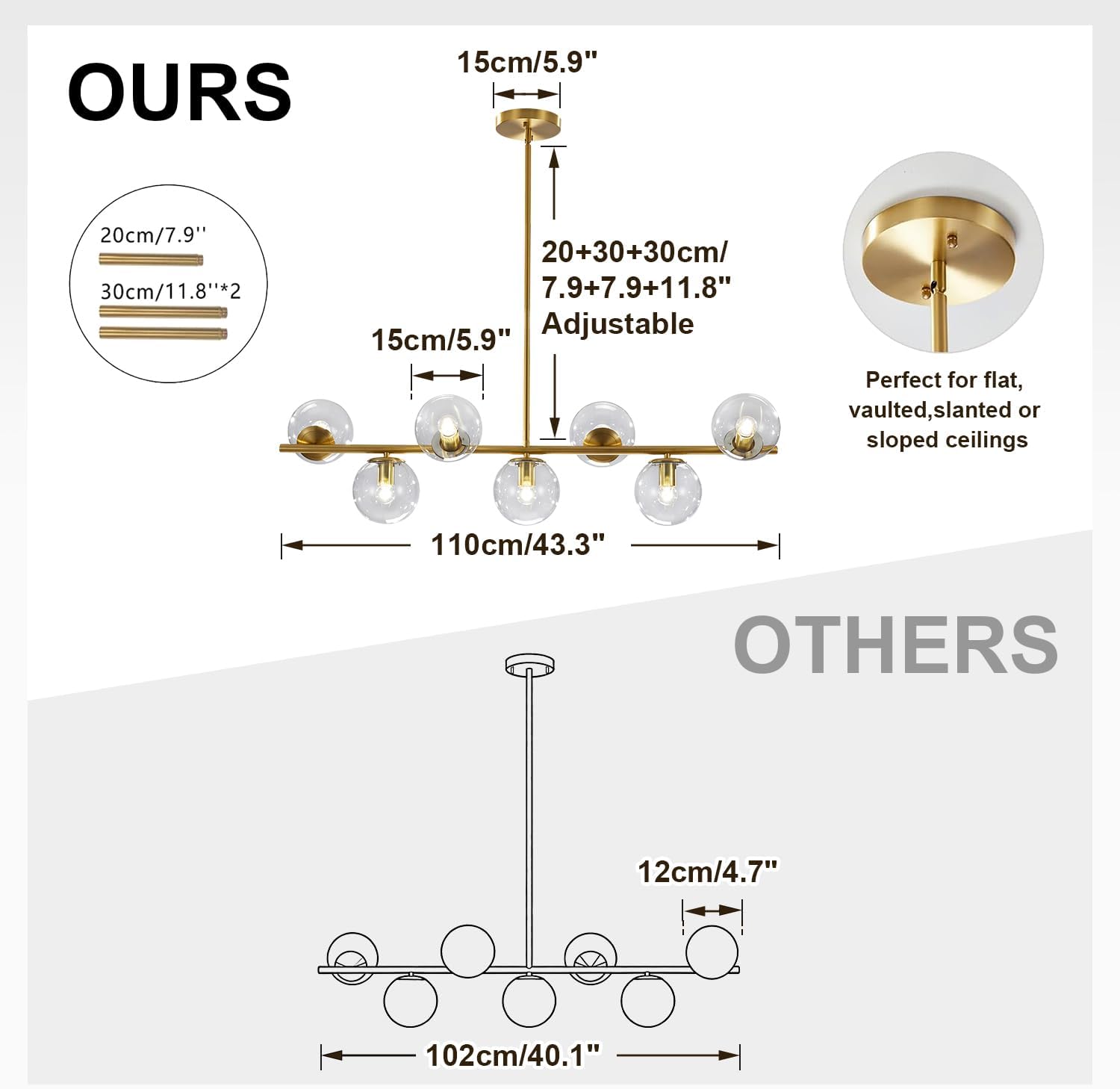 KCO Lighting 7-Light Clear Glass Globe Sputnik Chandelier Mid Century Modern Pendant Hanging Light Gold Brass for Kitchen Island Dining Living Room