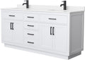 Wyndham Collection Beckett 72 Inch Double Bathroom Vanity with Toe Kick in White, White Quartz Countertop, Undermount Square Sinks (1-Hole), Matte Black Trim