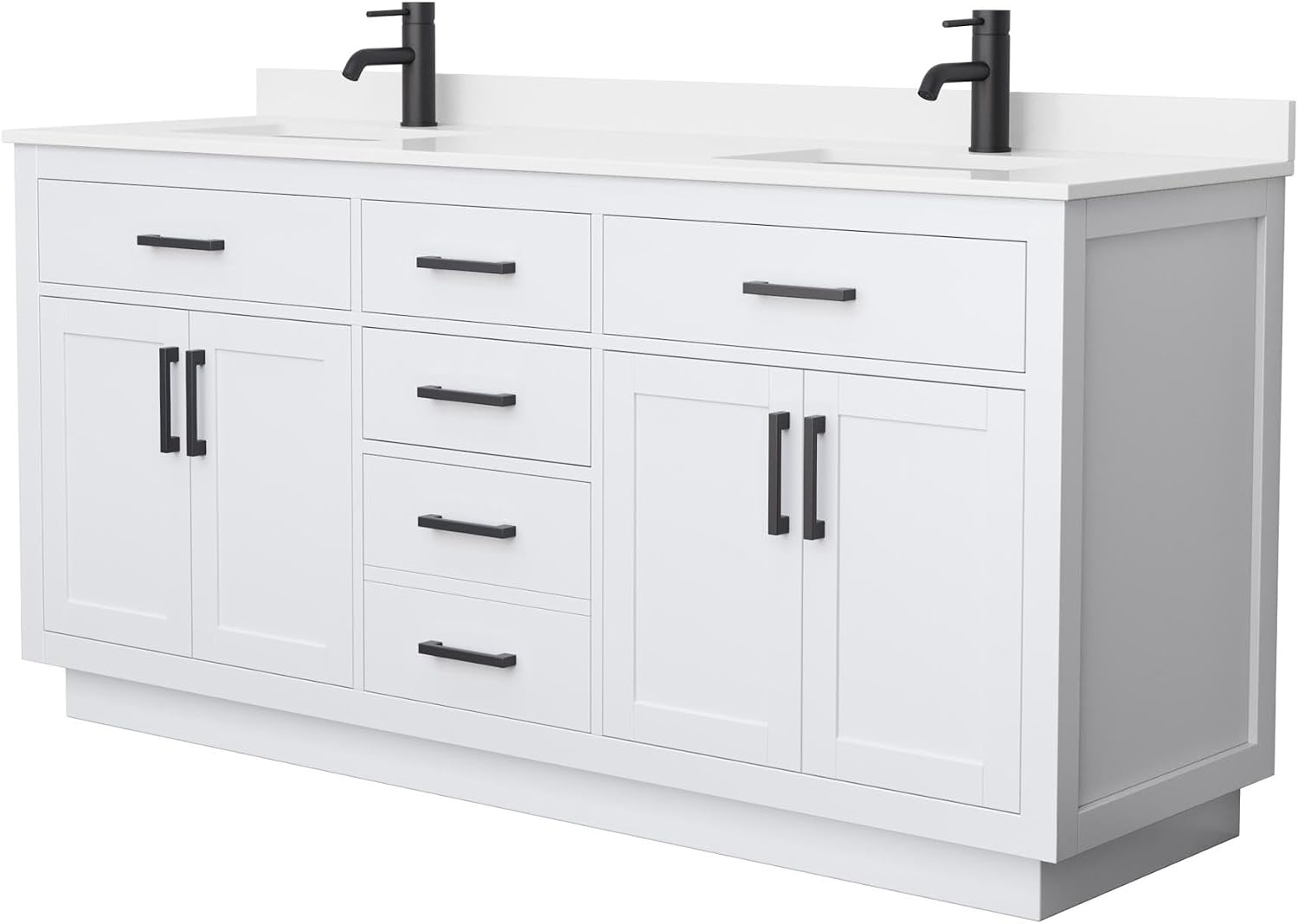 Wyndham Collection Beckett 72 Inch Double Bathroom Vanity with Toe Kick in White, White Quartz Countertop, Undermount Square Sinks (1-Hole), Matte Black Trim