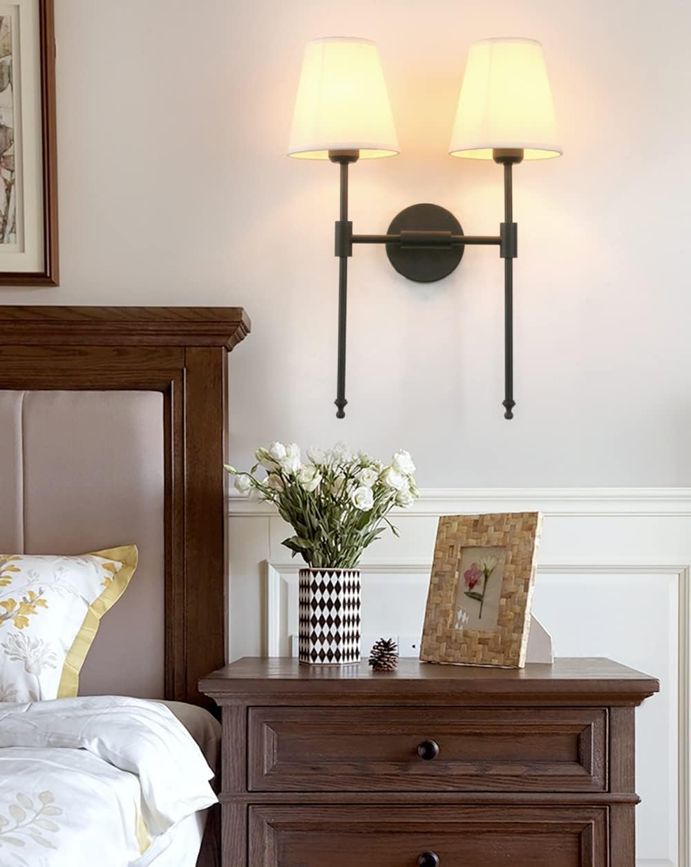 PERMO Classic Rustic Double Sconce 2-Lights Wall Sconce Lighting Fixture with Flared White Textile Lamp Shade and and Black Finished Long Arm,Wall Sconce Light Fixture for Bathroom Bedroom Bedside