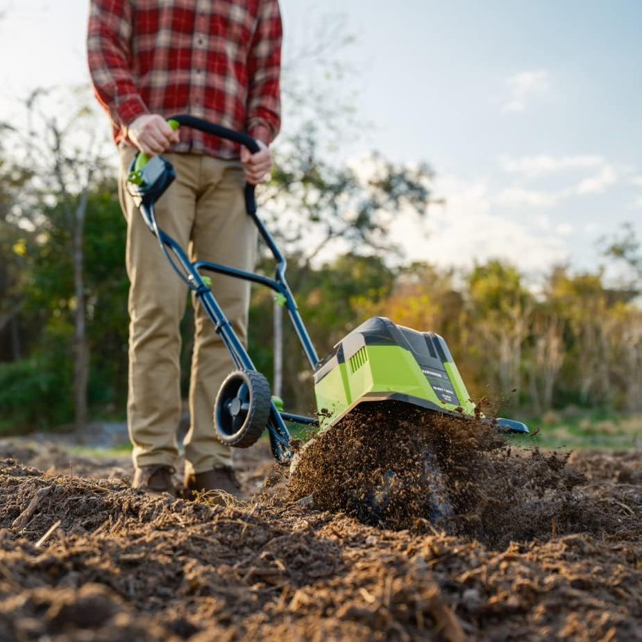 Earthwise Power Tools by ALM TC722011 11-Inch 2x20-Volt Lithium-Ion Cordless Electric Garden Tiller Cultivator, 2x20 Volt 4Ah Battery and Charger Included, Green