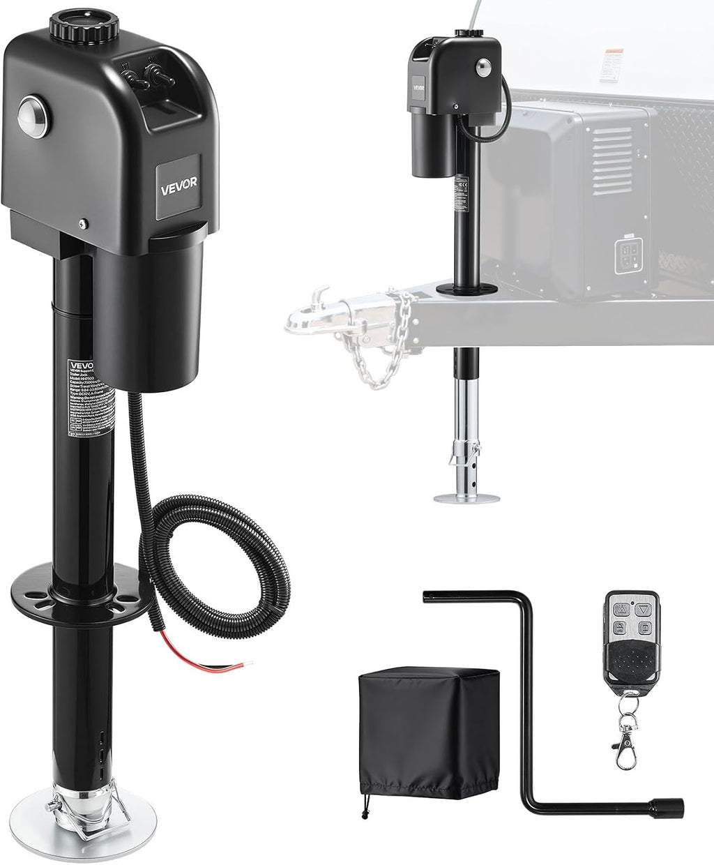 VEVOR Electric Trailer Jack, 7500 lbs Capacity, Electric Power Tongue Jack with Waterproof Protective Cover & LED Light for Travel Trailer, Camper, RV, 9.84-33.85 in Lift, 12V DC with Wiring, Black