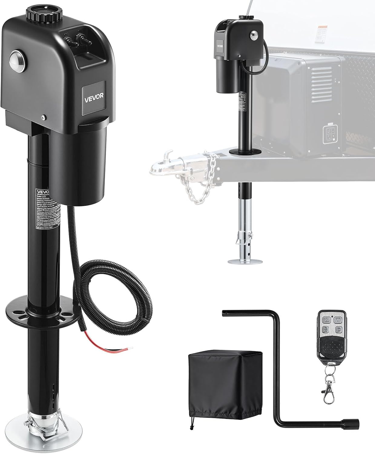 VEVOR Electric Trailer Jack, 7500 lbs Capacity, Electric Power Tongue Jack with Waterproof Protective Cover & LED Light for Travel Trailer, Camper, RV, 9.84-33.85 in Lift, 12V DC with Wiring, Black