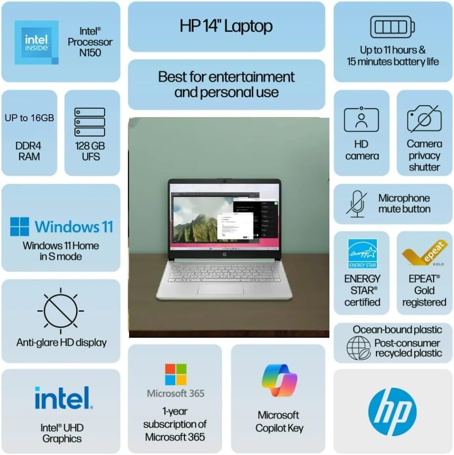 HP Student Laptop, Intel Processor N150(up to 3.6 GHz), 14 Inch LED Screen,8G RAM, 128GB Storange1 Year Office 365, Windows 11 Home,Willow Green