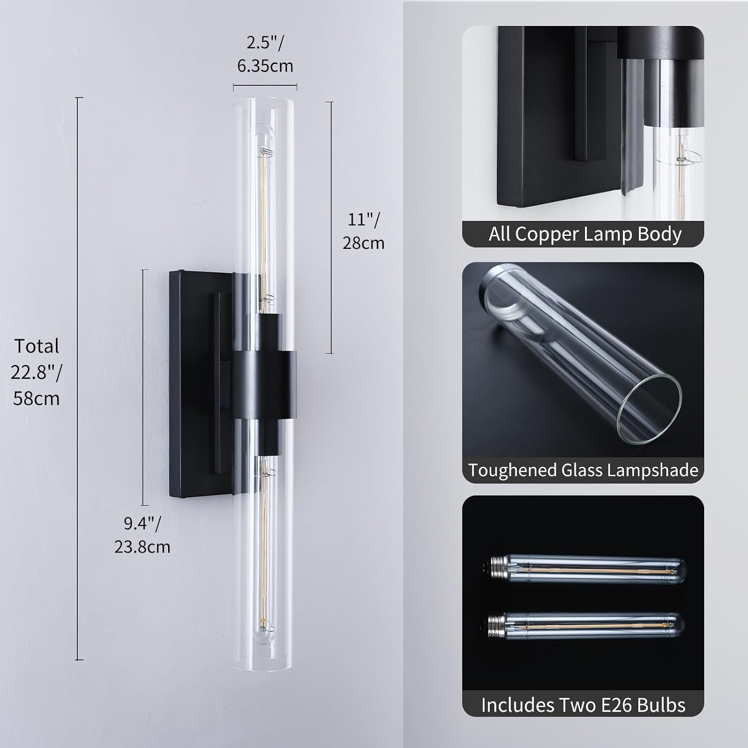 Modern Wall Sconces, 22.8in Black, 2-Light Indoor Wall Mounted Sconces, Bathroom Vanity Light for Living Room, Bedroom, Staircase