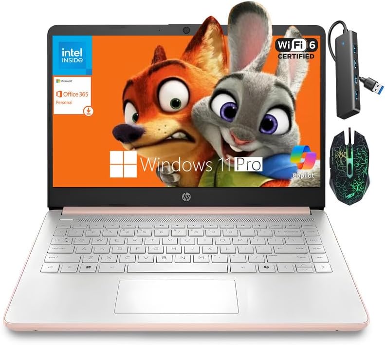 HP 14' Laptop for Student Business, 1 Year Office 365, Win11 Pro, AI-Copilot, Intel Quad-Core Processor, 4GB RAM• 128GB UFS• WiFi 6, Seibosfy