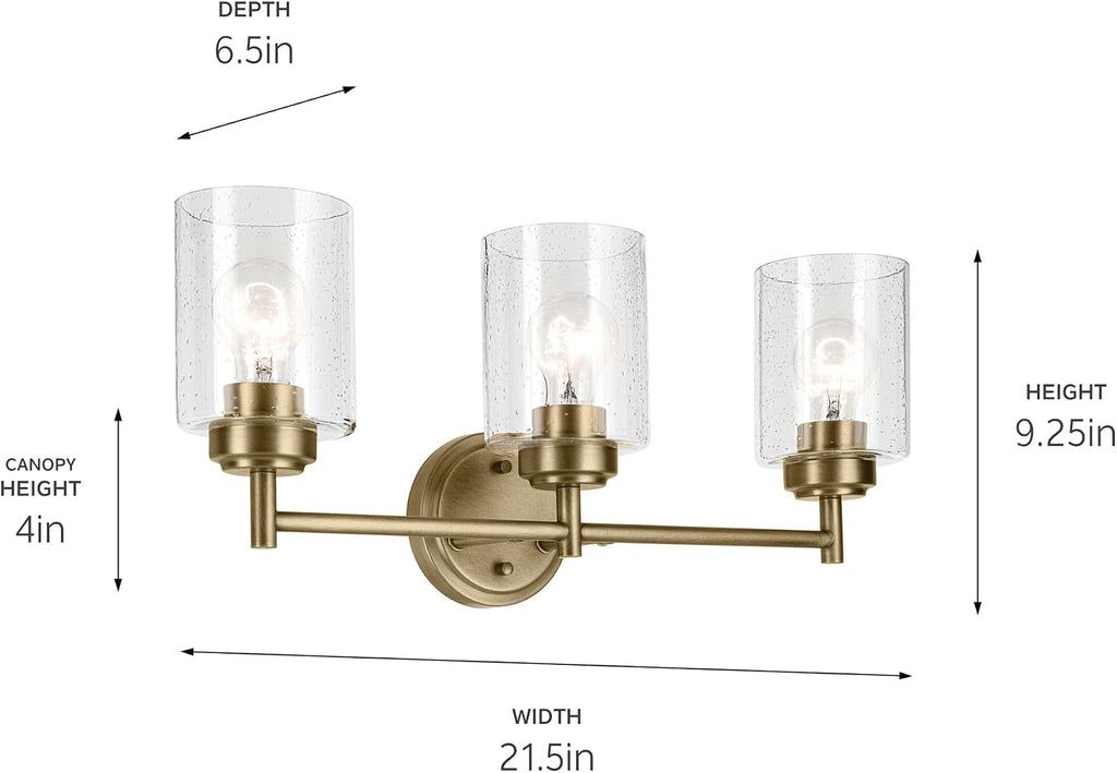 Kichler Winslow 21.5' 3-Light Bathroom Vanity Light Fixture with Clear Seeded Glass in Natural Brass for Luxe Industrial Style Over Mirror (21.5' x 9.25'), 45886NBR